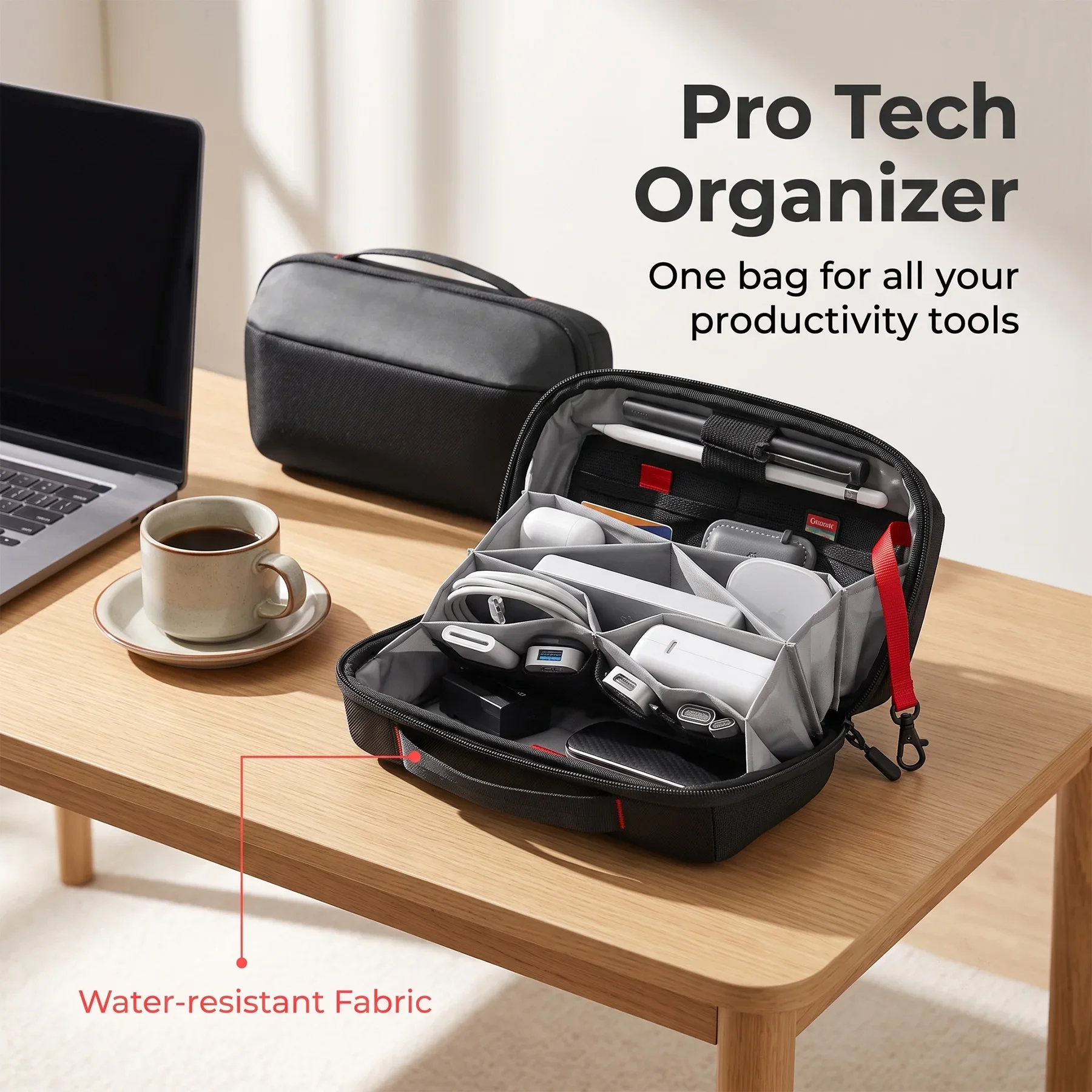 Travel Tech Organizer Pouch, Water Resistant Multi-Compartment Electronic Accessories Case for Cables Chargers Power Bank - view 2