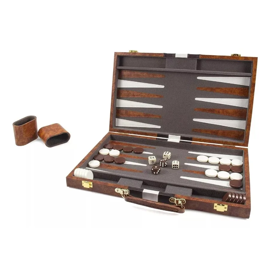 38 cm großes Backgammon-Set, klassisches Klappbrett mit Lederetui, tragbares Reisespiel, ideales Geschenkpaket für Strategieliebhaber – Detail 1
