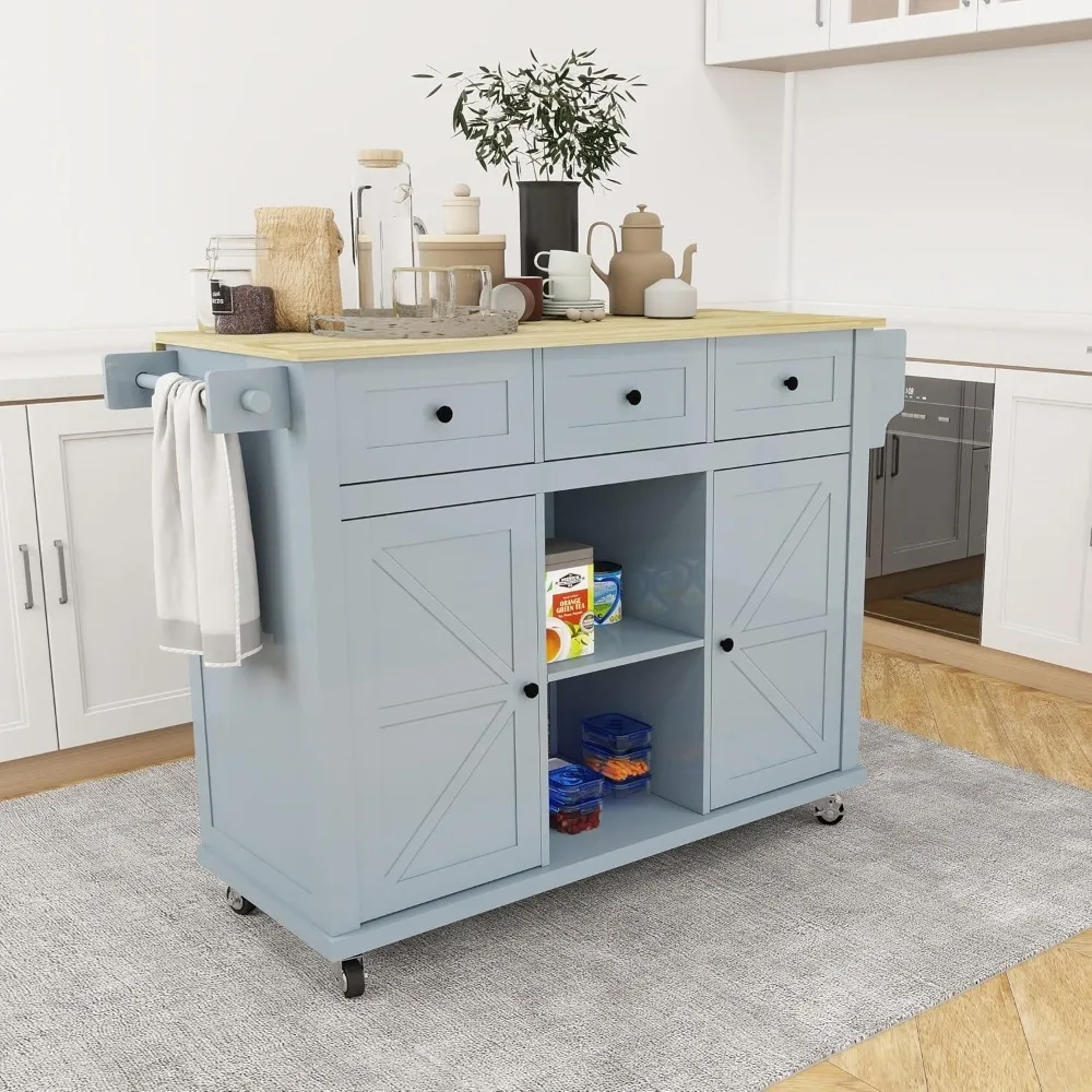 Kitchen Island with 5 Universal Wheels,Barn Door Islands Table with Storage and Towel Rack, (Blue),Kitchen Islands & Trolleys