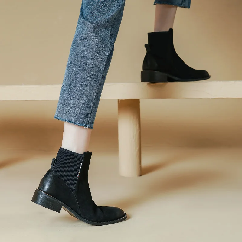 2024 nowe damskie jesienne botki buty z okrągłym noskiem na obcasie prawdziwa skóra Retro buty zimowe dla kobiet zwięzłe Chelsea Boots