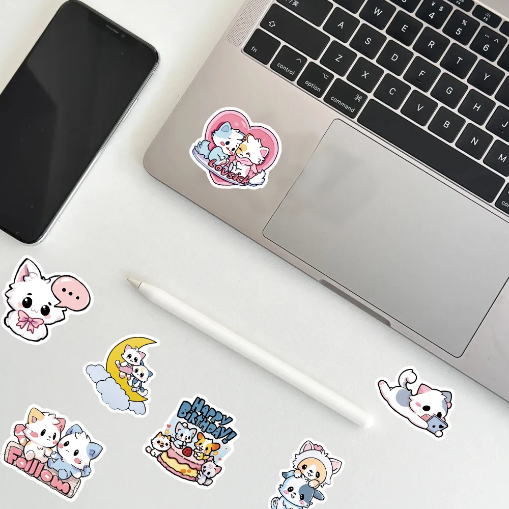 สติกเกอร์แมวน่ารักสไตล์คาวาอี้ 54 ชิ้น ชุดสติกเกอร์สีพาสเทลสวยงามสำหรับตกแต่งแล็ปท็อป ขวดน้ำ เคสมือถือ