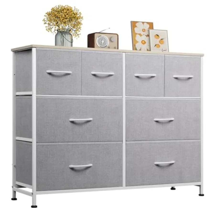 

8 Drawer Dresser for Bedroom Wide Fabric Dresser Storage Organizer Chest of Drawers with Wood Top Sturdy Steel Frame Dressers f