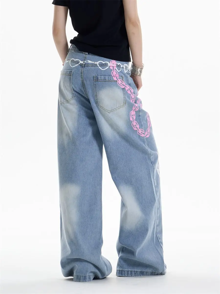 Women Vintage Y2k Baggy Graffiti Print Jeans Streetwear Hip Hop Harajuku Denim Trousers Japanese 2000s Oversize Pants Clothes