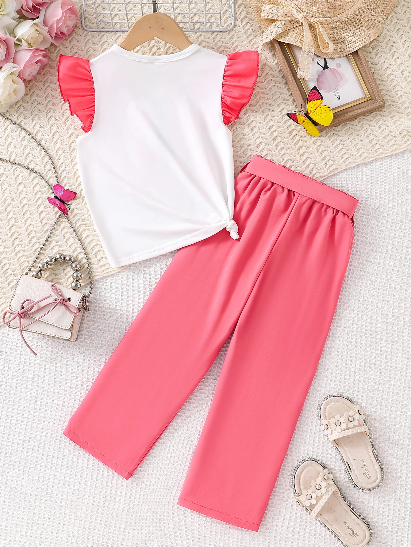 Summer new style casual children's set, breathable girls' butterfly print T-shirt and straight-leg pants two-piece set
