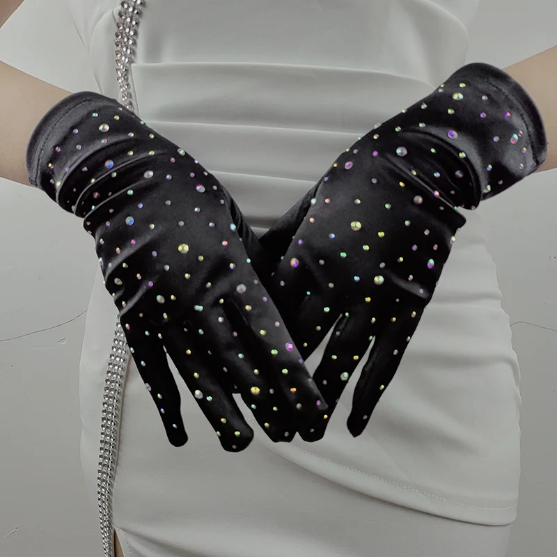 

23CM Opera Performance Black Shiny Rhinestone Wedding Dress Etiquette Glove Women Christmas Makeup Party Elastic Satin Accessory