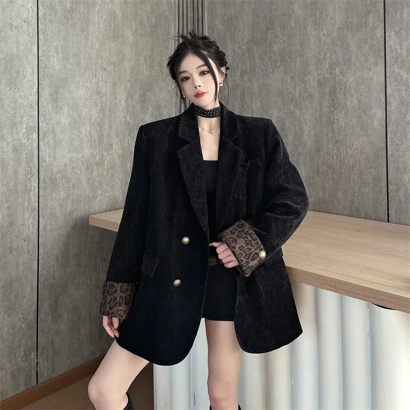 

Leopard Patchwork Black Blazer Jacket Women Chenille Harajuku Y2K Long Sleeve Coat Thick Warm Premium Street Casual Outwear