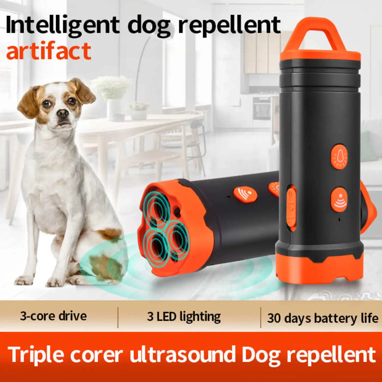 Ultrasonic Dog Repeller with LED Light Tri-core High Power Portable Handheld Ultrasonic Dog Trainer Repels Large Vicious Dogs