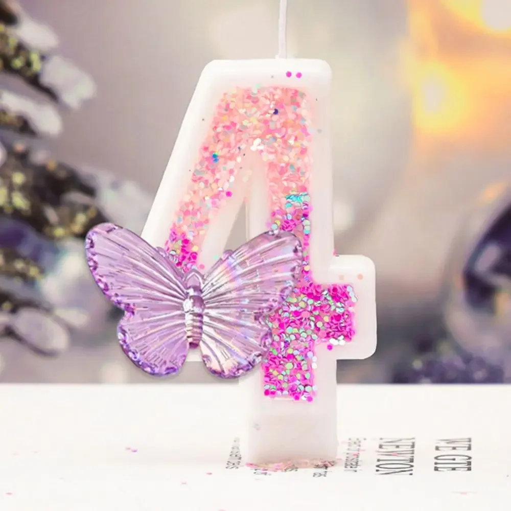 

Children's Birthday Candles 0-9 Number Pink Purple Candle Butterfly Glitter Theme Candles for Cake Decoration Anniversary Party