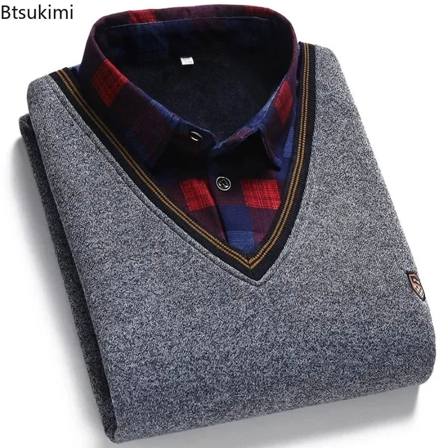 Nuovi uomini di abbigliamento maglione lavorato a maglia colletto della camicia di moda più pile più top più spessi uomo autunno inverno casual business pullover caldo