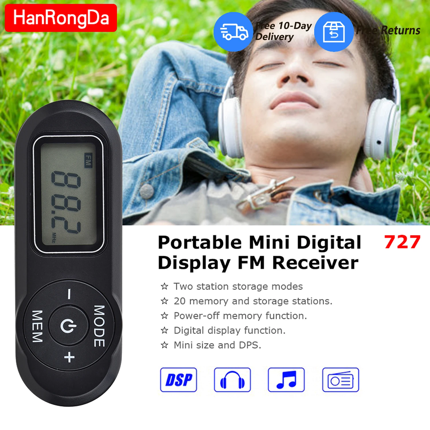 HRD-727 Portable Mini FM Radio Digital Display FM Receiver Retro MP3 Player Style DSP with Headphones Lanyard