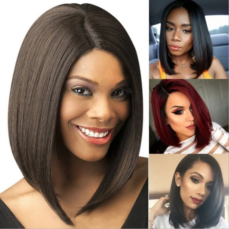 European and American fashion women's black short straight hair middle-parted bob wig synthetic fiber hairpiece
