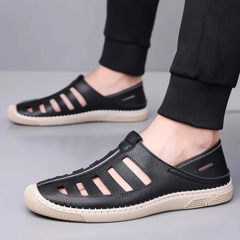 

XIHAHA Outdoor Men Sandals Breathable Hollow Leisure Anti Slip Beach Shoes Fashionable Summer Man Comfortable Leather Hole Shoes
