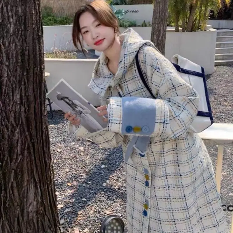 College Style Fashion Plaid Hooded Woolen Jackets Women's Autumn and Winter Long Knee Cape Woolen Coat