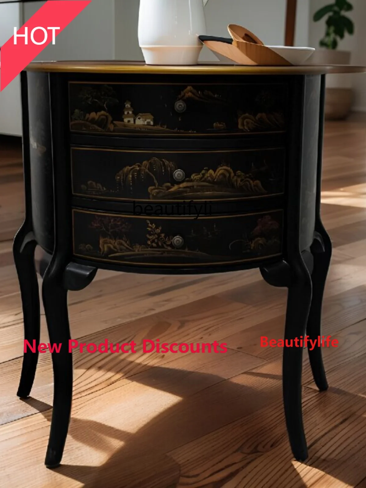 MM45 American Country Retro Black Entrance Cabinet Painted Solid Wood Semicircle Hallway Table