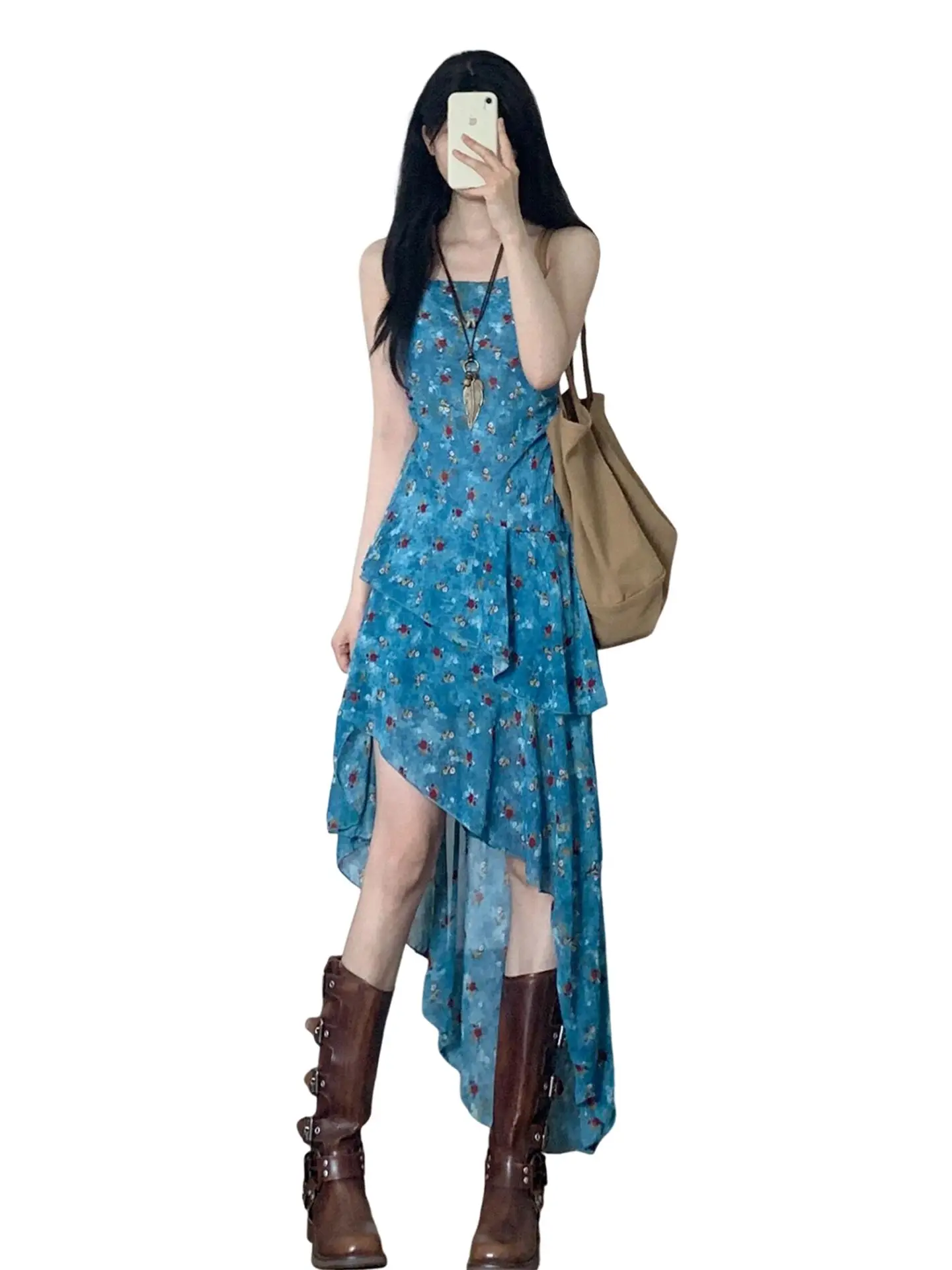 Summer Vaion Floral Print ter Dr Women's A-Line Skirt Waist-Cinching Slimming Asymmetrical High Waist Polyester Blend