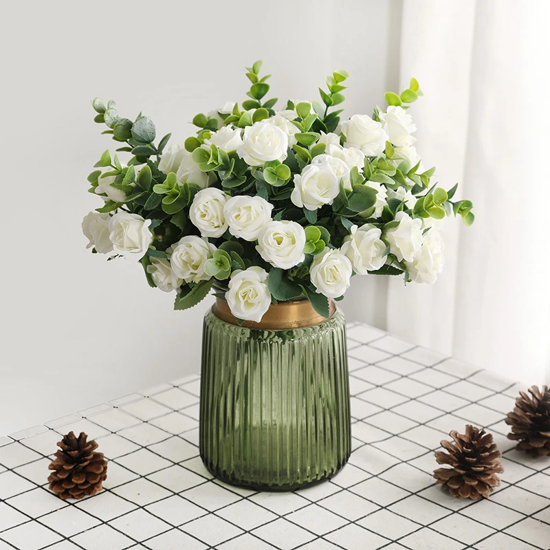 

30Cm 11 Heads Artificial Flowers Silk Roses Bouquet Vase for Wedding Home Decor Diy Outdoor Indoor Eucalyptus Leaves Fake Plants