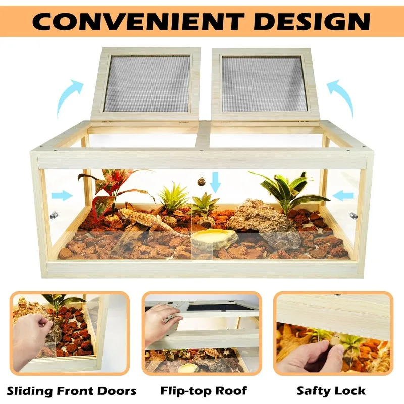 Bearded Dragon Tank 81 Gallon, Lizard Tank, Reptile Tank with Metal Mesh Roof Door, Snake Tank with Lock Design, 48" Long, Oak