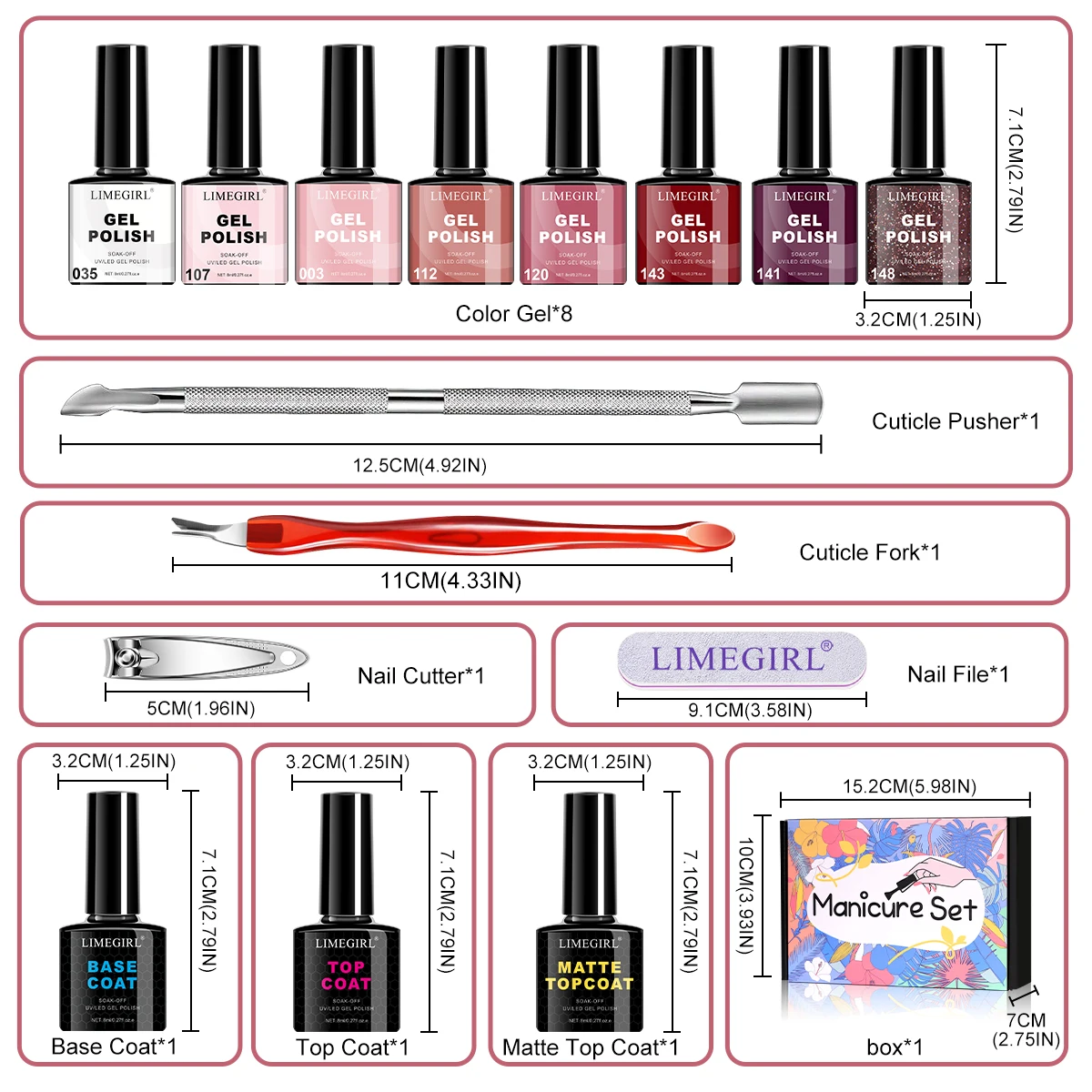 LIMEGIRL 8ML Gel Nagellak Set UV LED Semi-Permanente Inweken Gel Vernis Basislaag & Top Coat Gel nagellak Polish Kit