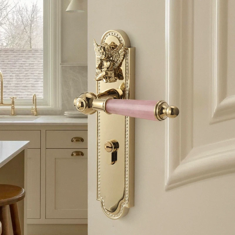 Color angel door lock indoor bedroom silent magnetic room door lock French pink crystal door handle