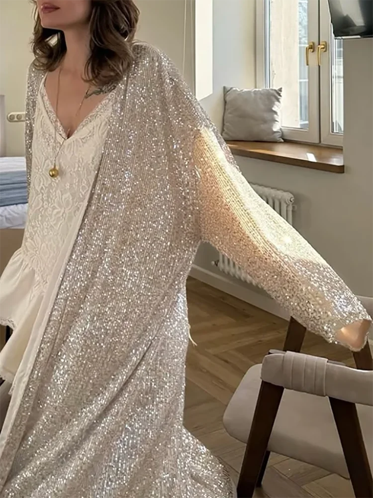 

High Street длинные куртки с блестками, пальто, женские свободные блестящие кардиганы с длинными рукавами, женские осенние модные шикарные однотонные верхние одежды 2023 г.
