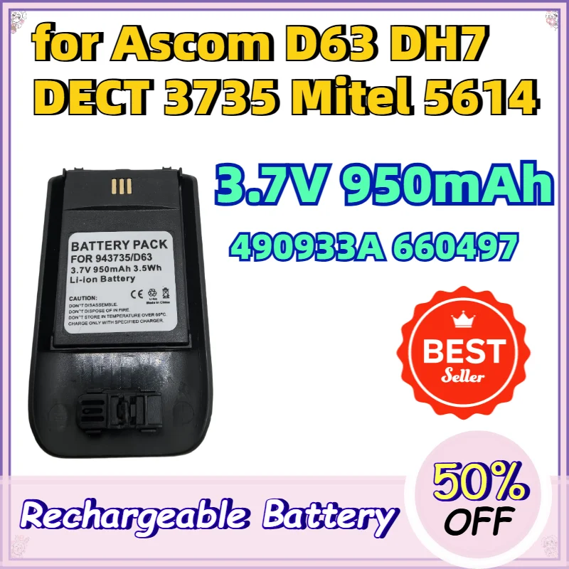 

3.7V 950mAh 3.5Wh Battery 490933A 660497 for Ascom D63 DH7 DECT 3735 Mitel 5614 Cordless Phone