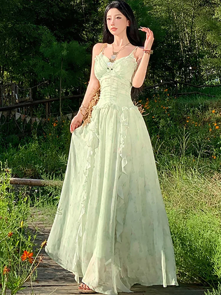 Frauen Grün Druck Chiffon Chic Rüschen Schlinge Sexy Lange Kleid 2025, Koreanische Mode, Figurbetontes Urlaub Kleid Frauen Elegante Casual Robe