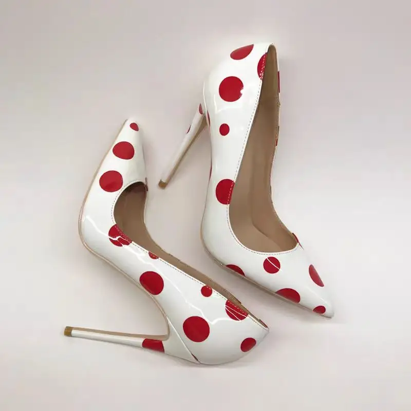 

White Polka Dot Pattern Slip On Pumps Pointed Toe Thin High Heel Fashion Sexy 2024 Summer Big Size Woman Shoes Zapatillas Mujer