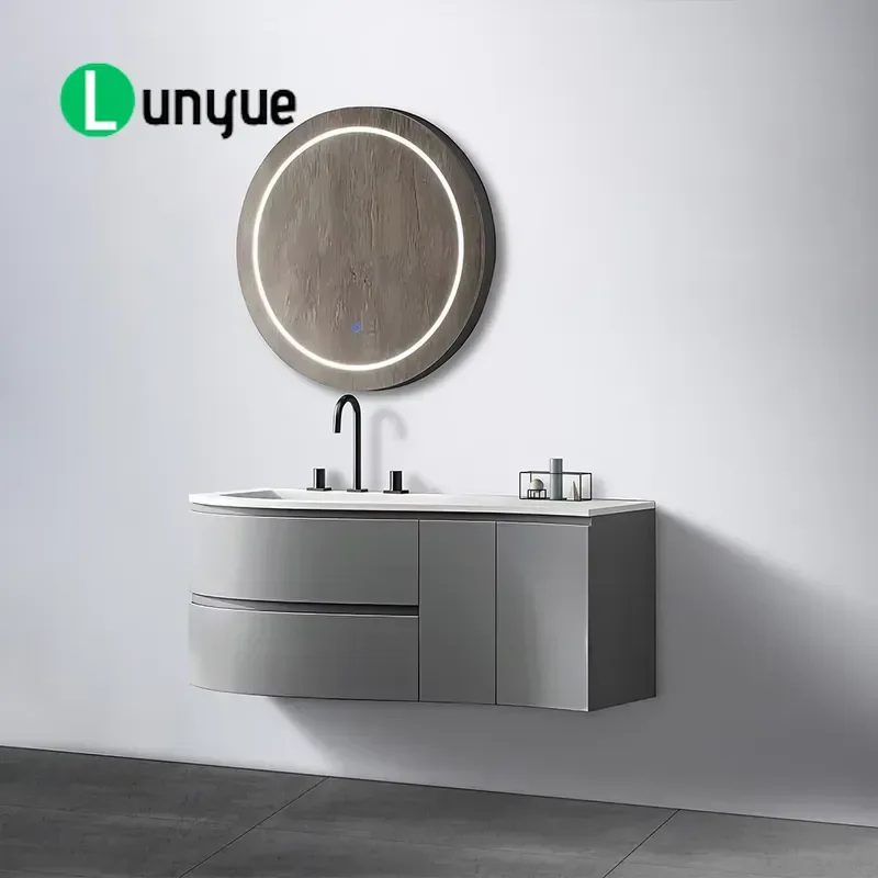Curved Wave Floating Bathroom Sink Set Silver Gray Glossy Solid Surface Plywood Round Wood Frame LED Mirror Wall Mounted