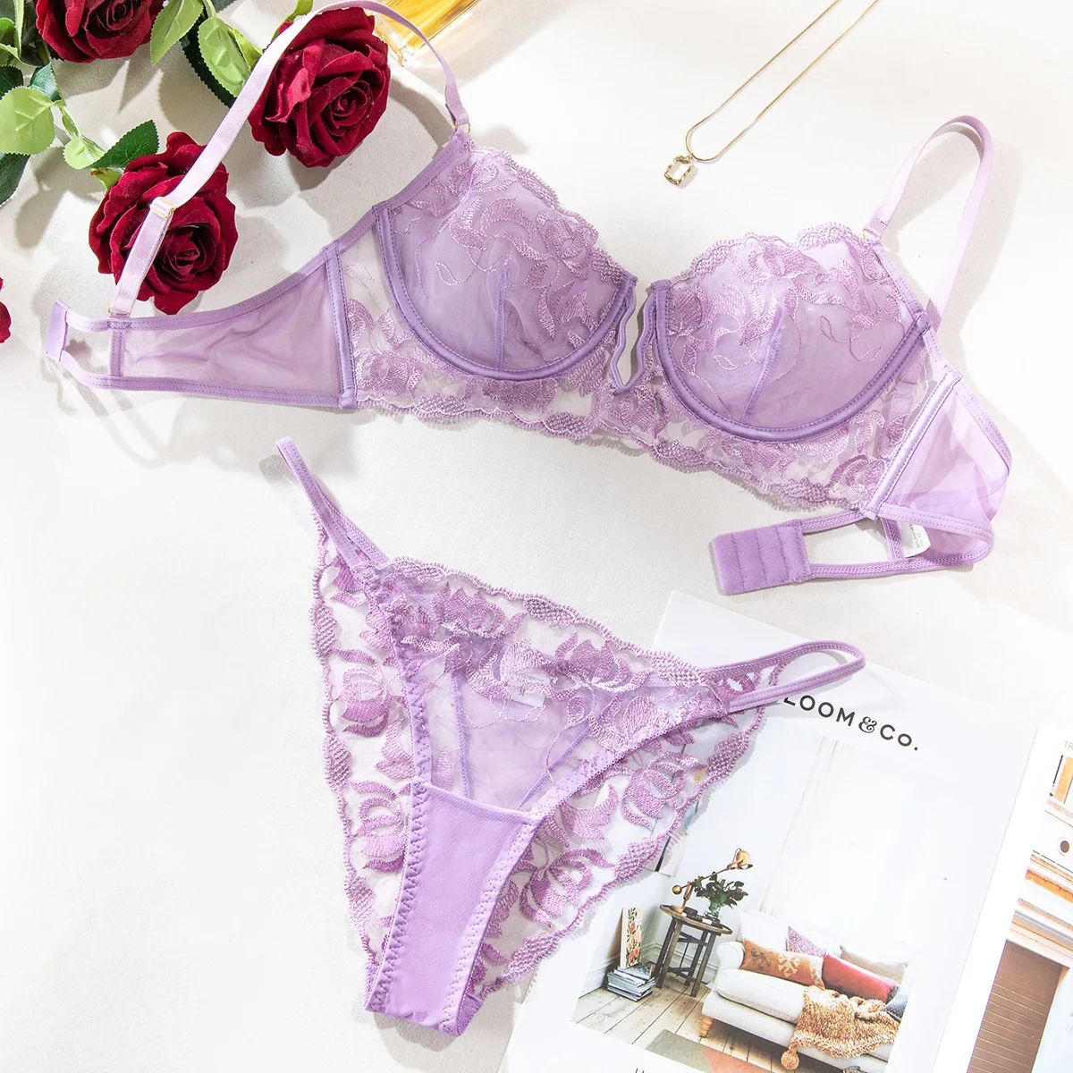Women Lavender Embroidery Lace Lingerie Set Underwire Bra & Thong Romantic Anniversary Honeymoon Gift Sheer Floral