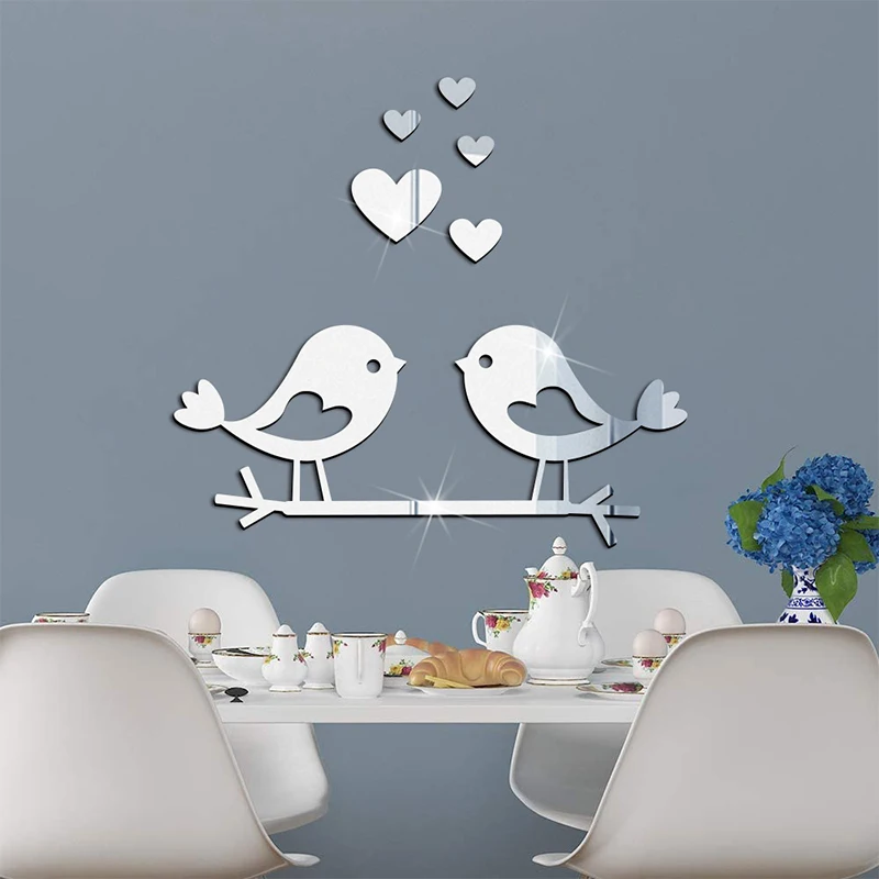 Valentine’s Day Mirror Stickers Love Heart Bird Couple Mirror Wall Stickers 3D Wall Decals for Living Room