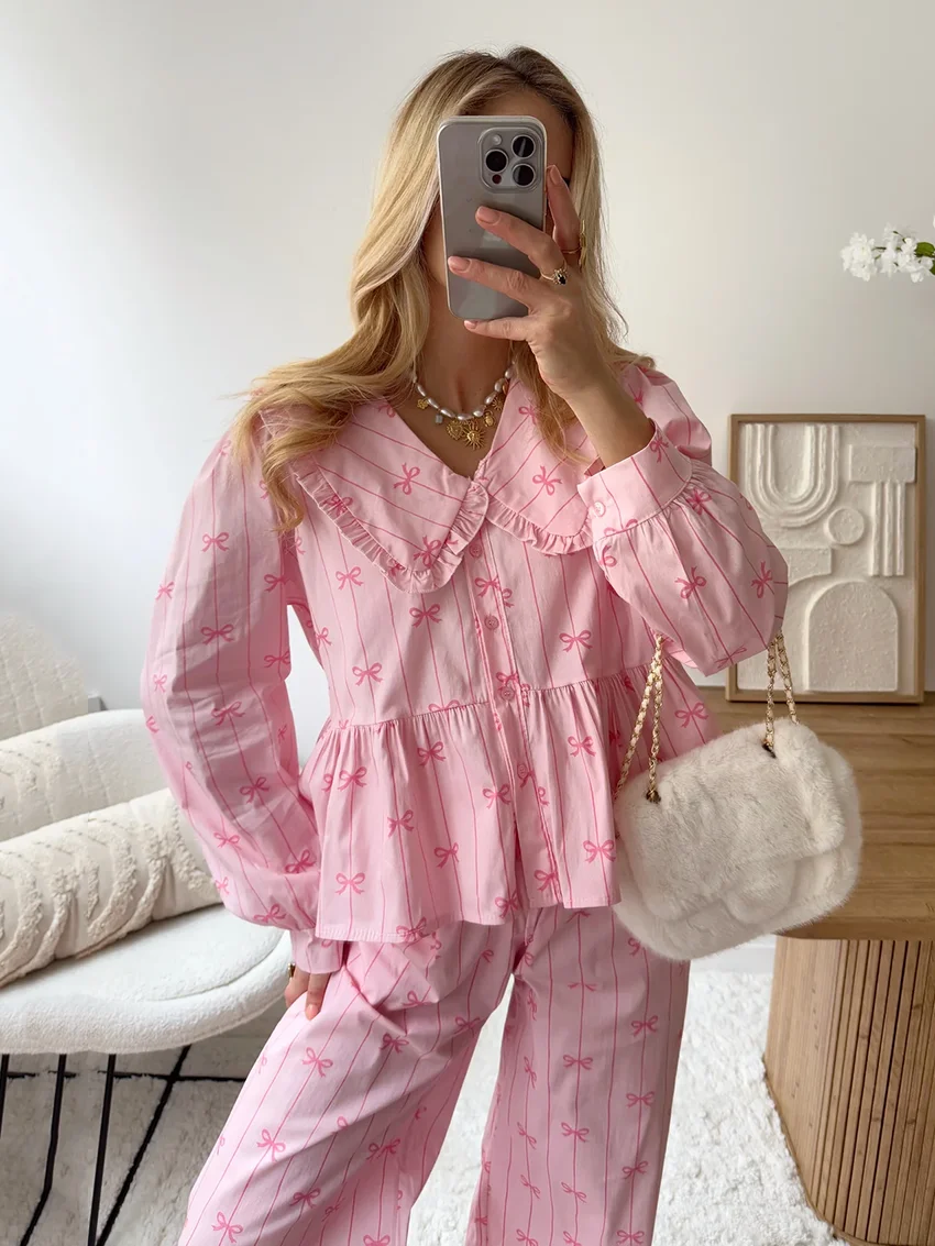 Marthaqiqi Printring Women'S Pajamas Suit Long Sleeve Sleepwear Sexy Turn-Down Collar Nightgowns Pants Causal Ladies Nightie Set