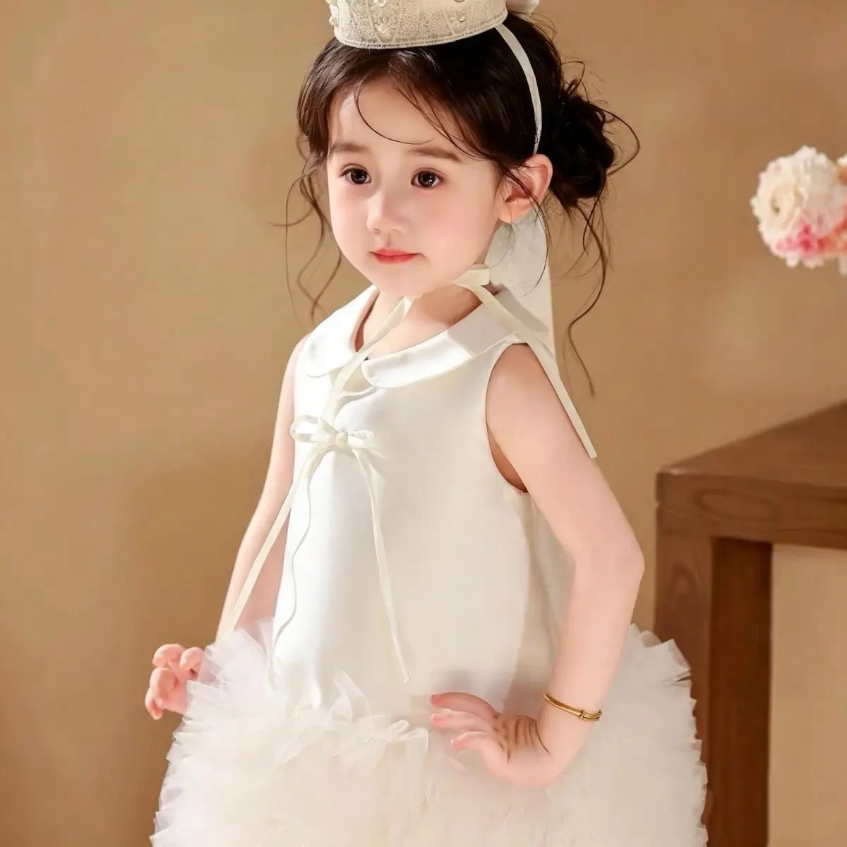 Girls White Dress Spring Summer New Style Children's Formal Dress Trendy Princess Skirt Baby Girl Puffy Skirt