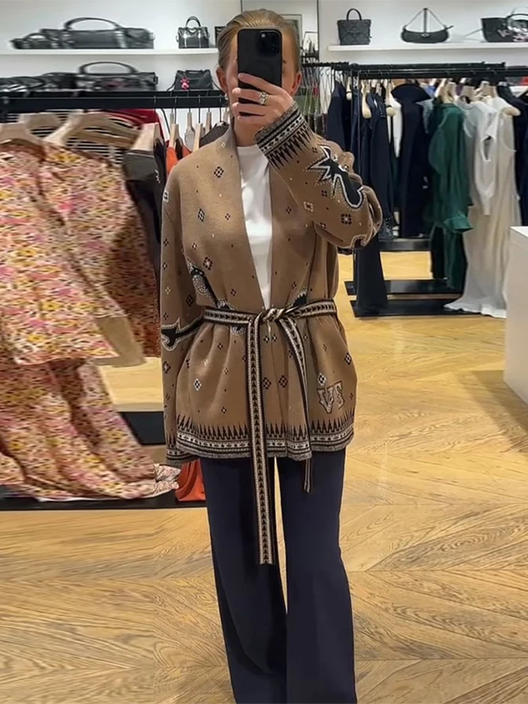 طباعة محبوك شرابة سترة طويلة المرأة الخامس الرقبة كم كامل الدانتيل يصل سترة الخريف أنيقة الإناث اليومية ملابس خارجية غير رسمية #3