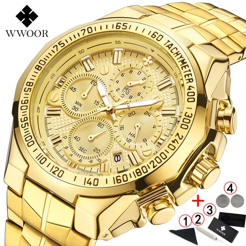 Reloj Masculino WWOOR, relojes para hombre 20224, relojes de pulsera de lujo de marca superior para hombre, reloj de pulsera con cronógrafo dorado grande para hombre