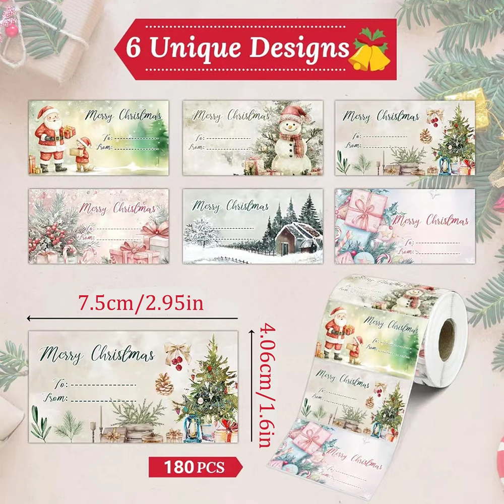 210 ملصقات/لفة عتيقة 6 ملصقات هدايا عيد الميلاد بنمط مختلف، ملصقات حقيبة ورقية، ملصقات إغلاق، ملصقات الاسم ديكور عيد الميلاد #3