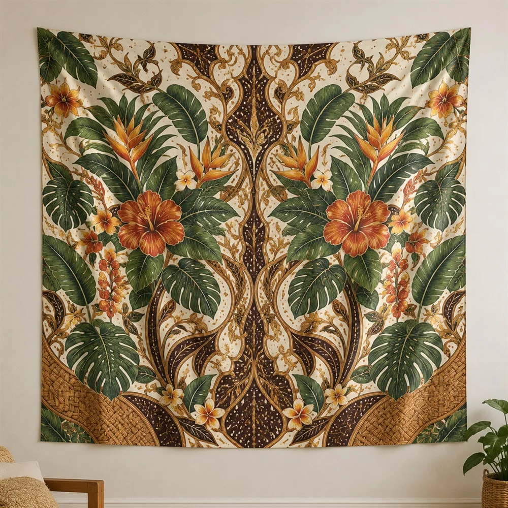 VIKAMA Batik Vine Pattern Mirror Symmetric Tapestry Wall Hanging, Southeast Asian Wall Art Tapestries for Living Room Bedroom