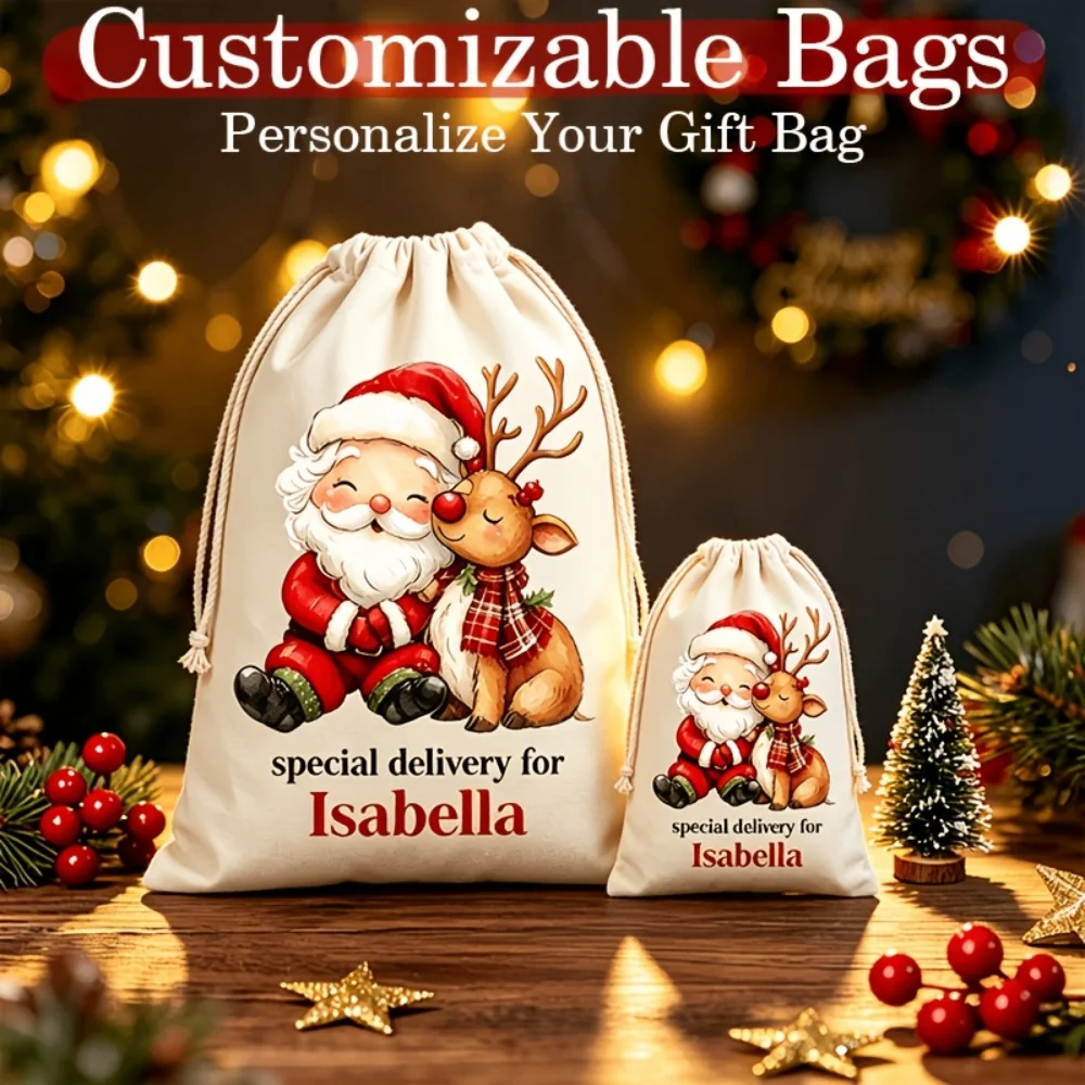 Custom Name/Text Christmas Imitation Hemp Drawstring Gift Bags,Suitable for Party Favors & Decorations,Santa & Reindeer Pattern