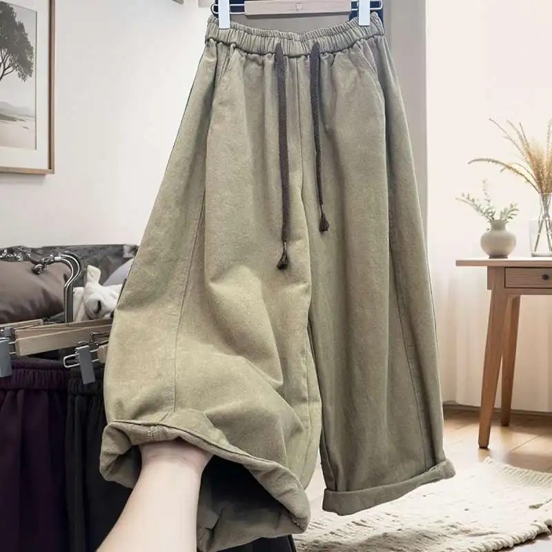 

Heavyweight 300 Pou Waed Cotton Casual Pants Men's Spring Autumn Fce Lined Loose Waist Wide Leg Dad Pants