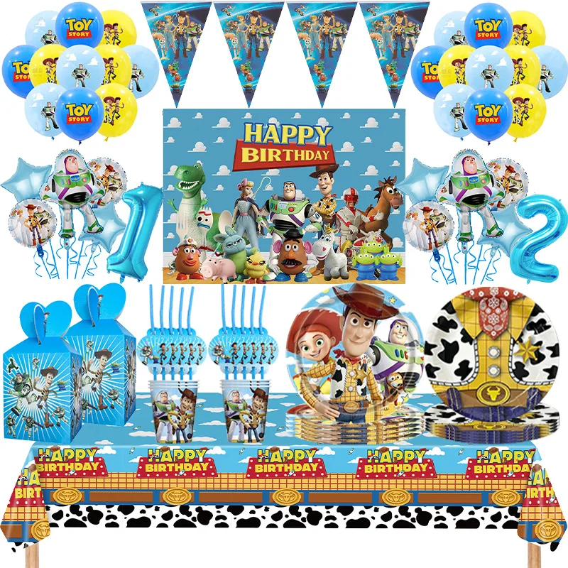 Toy Story Decorazioni per feste di compleanno Piatti di carta Tazza Tovaglioli Tovaglia Banner Palloncini Toppers per torte Bomboniere per ragazzi Forniture per feste