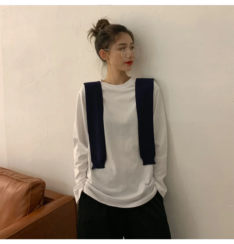 تي شيرت نسائي طويل الأكمام ملابس علوية قطنية غير رسمية كبيرة الحجم فضفاضة تناسب أنيقة ريترو قابلة للتنفس قماش مريح وبسيط للخريف #3