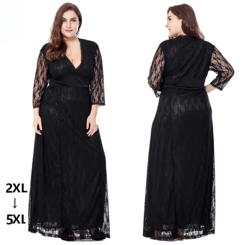 2024 European and American plus Size Women's Clothes V-neck Evening Long Black Cut-out 3/4 Sleeve Lace Dress