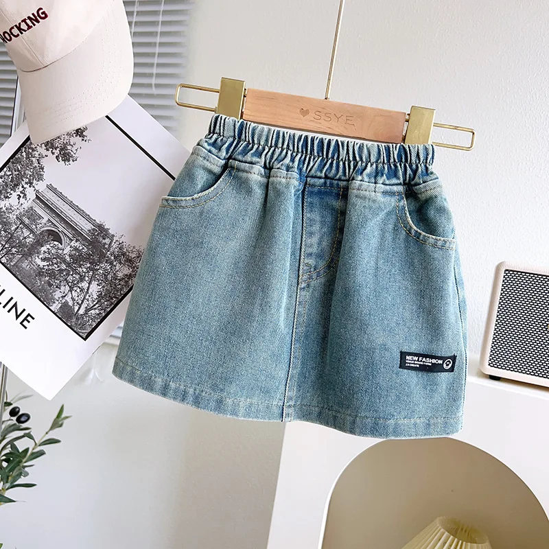 Girls\' Summer Denim Suit Strap Skirt Set 2024 New Baby Summer Vest Strap Half Skirt Three Piece Denim Skirt Set