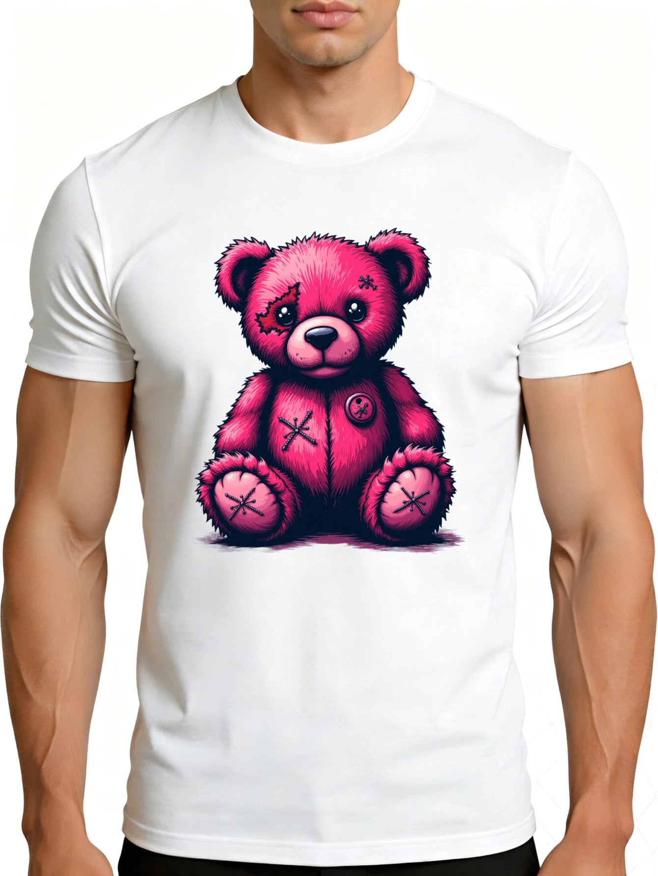 Men's Plain Graphic T-Shirt - Breathable, Soft, Lightweight - Pink Teddy Bear with X Mark - Vintage Fun Graphic Casual Short Sleeve Summer Top, Gift for Him