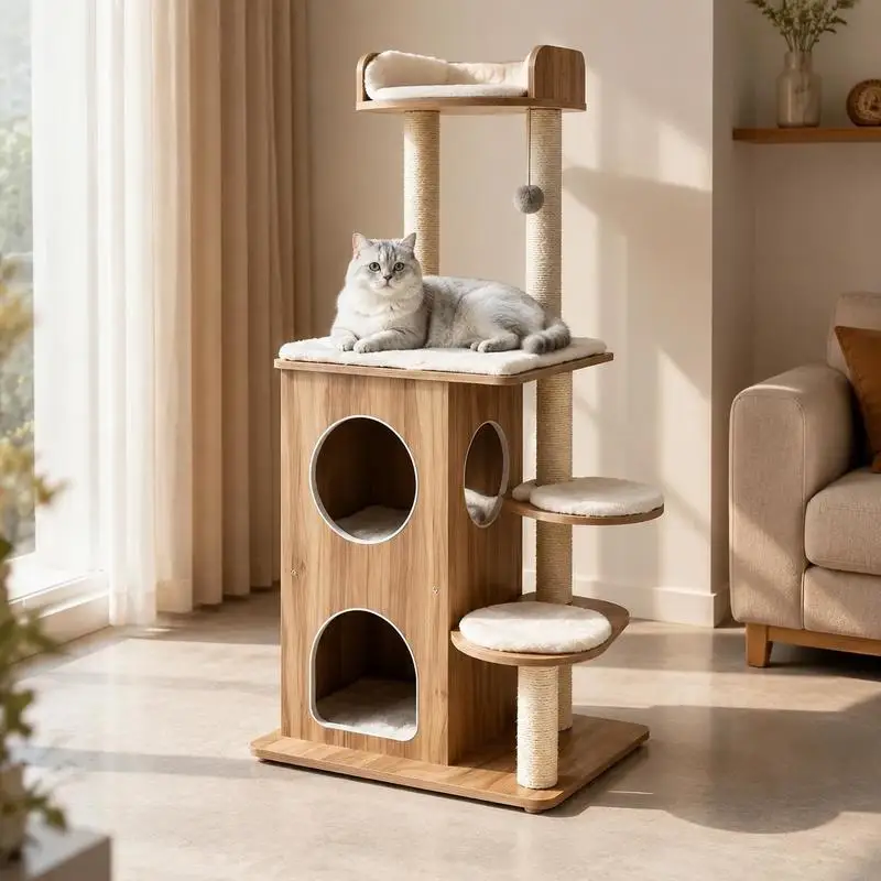 Arbre à chat à deux niveaux 122 cm, structure en bois avec poteaux à gratter en sisal, coussins amovibles lavables