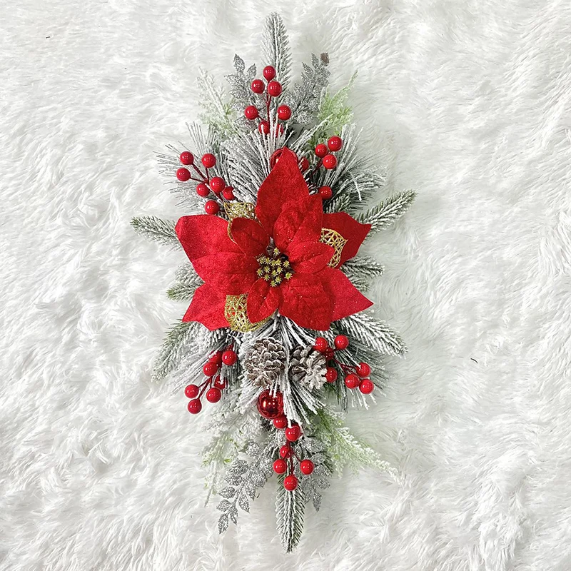 Christmas Wreath Snow Flocked Pine Wreath with Flower Pinecones Berries Hanging Decor for Front Door Fireplace Home Party