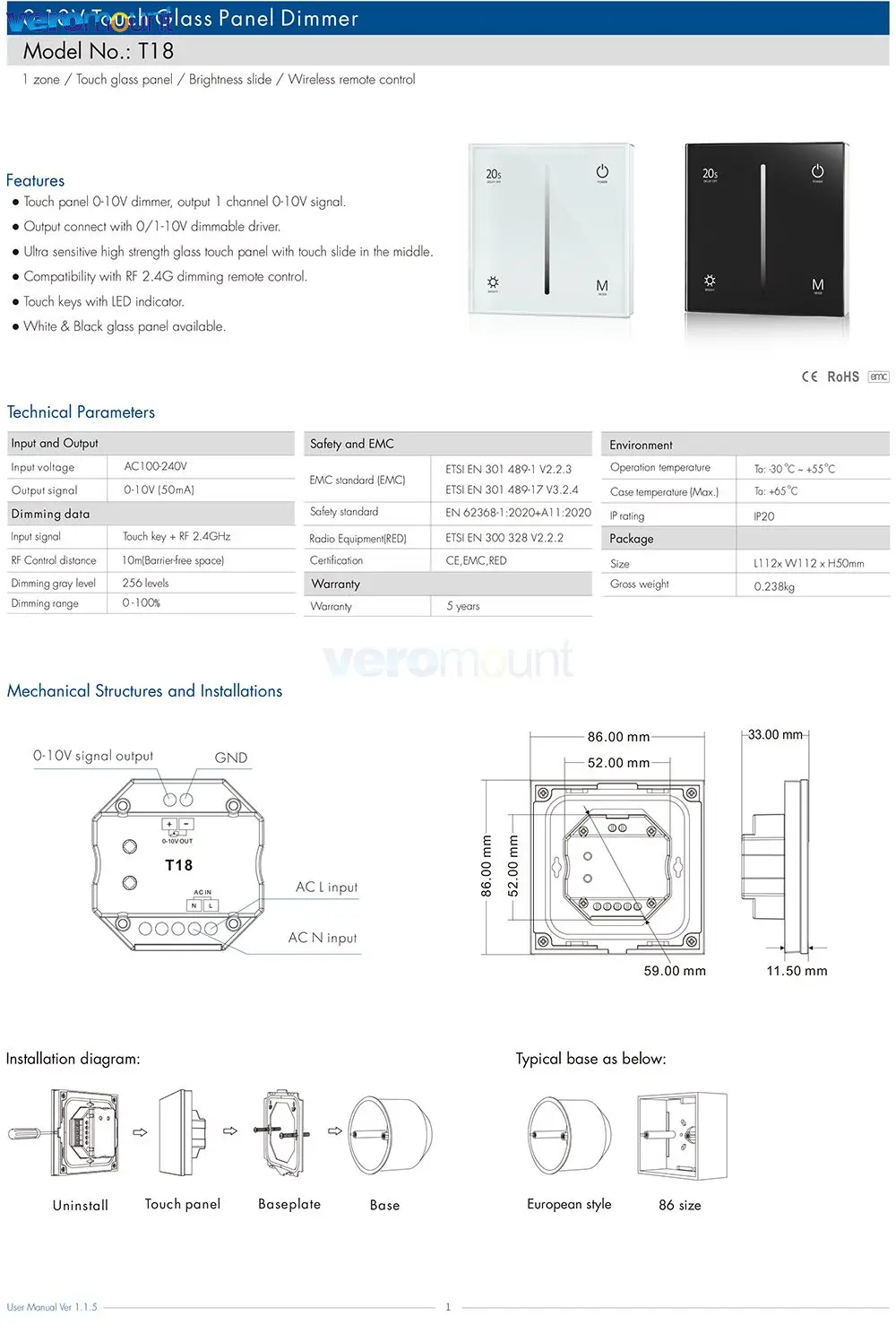 Touch Panel 0-10V LED Dimmer 220V 110V 230V AC 20mA/CH Input Switching Current 1 Zone Touch Panel Wall Mount 0-10V Dimmer T18