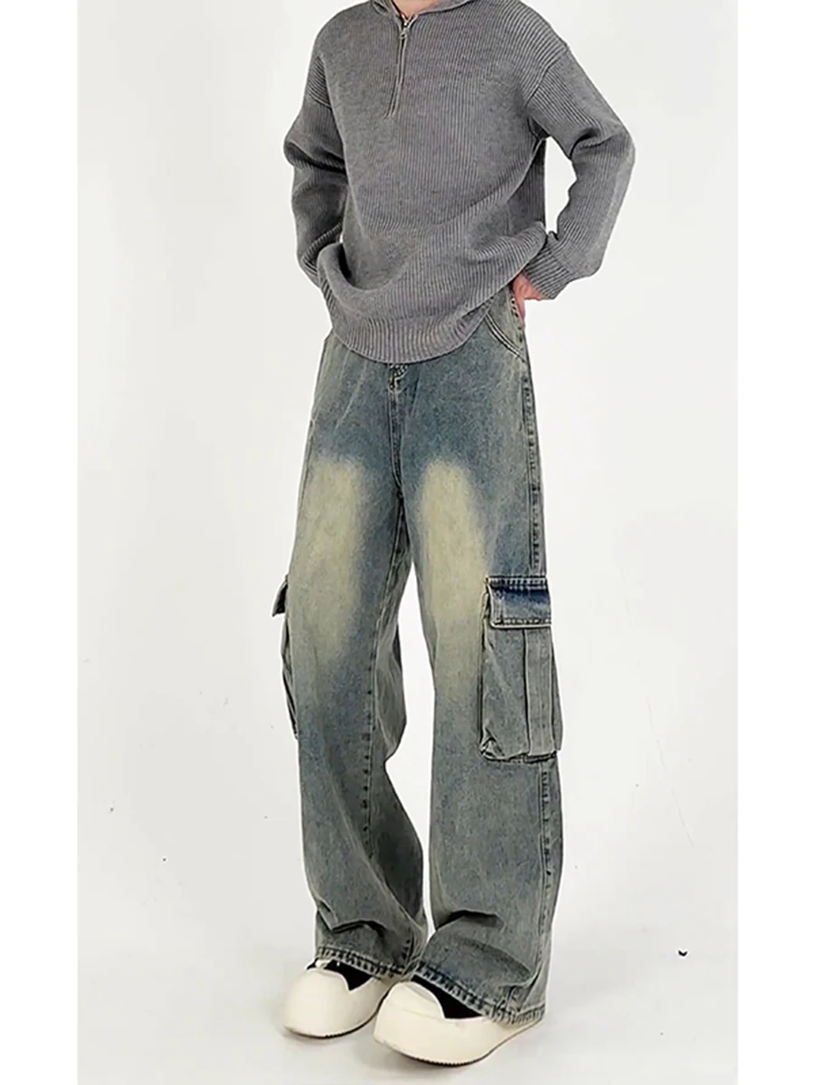 

Retro American Blue Workwear Jeans Men's Autumn Winter High Waist Waed Wide Leg Pants Multiple kets Straight Cut Trousers