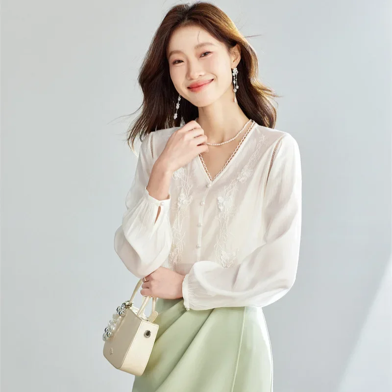 

25 Spring v-neck shirt temperament top new silk women's butterfly flower long-sleeved shirt women's