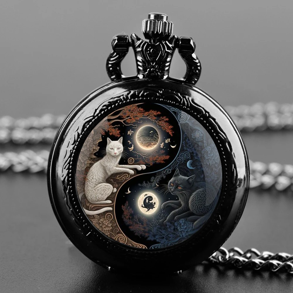 Yin-Yang Cats Design Glass Dome Quartz Pocket Watch With Durable Chain Arabic Numeral Dial For Men And Women Creative Gifts