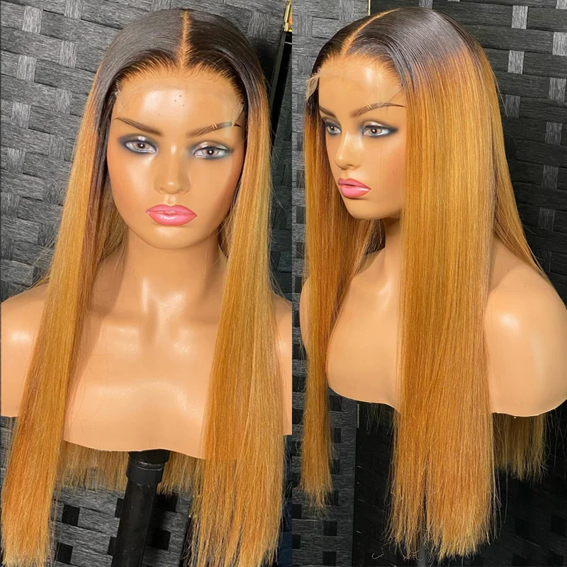 26''Soft Ombre Blond  5x5 Silk Base Straight Jewish Human BabyHair HD Lace Font Wig European Hair Preplucked Glueless Daily